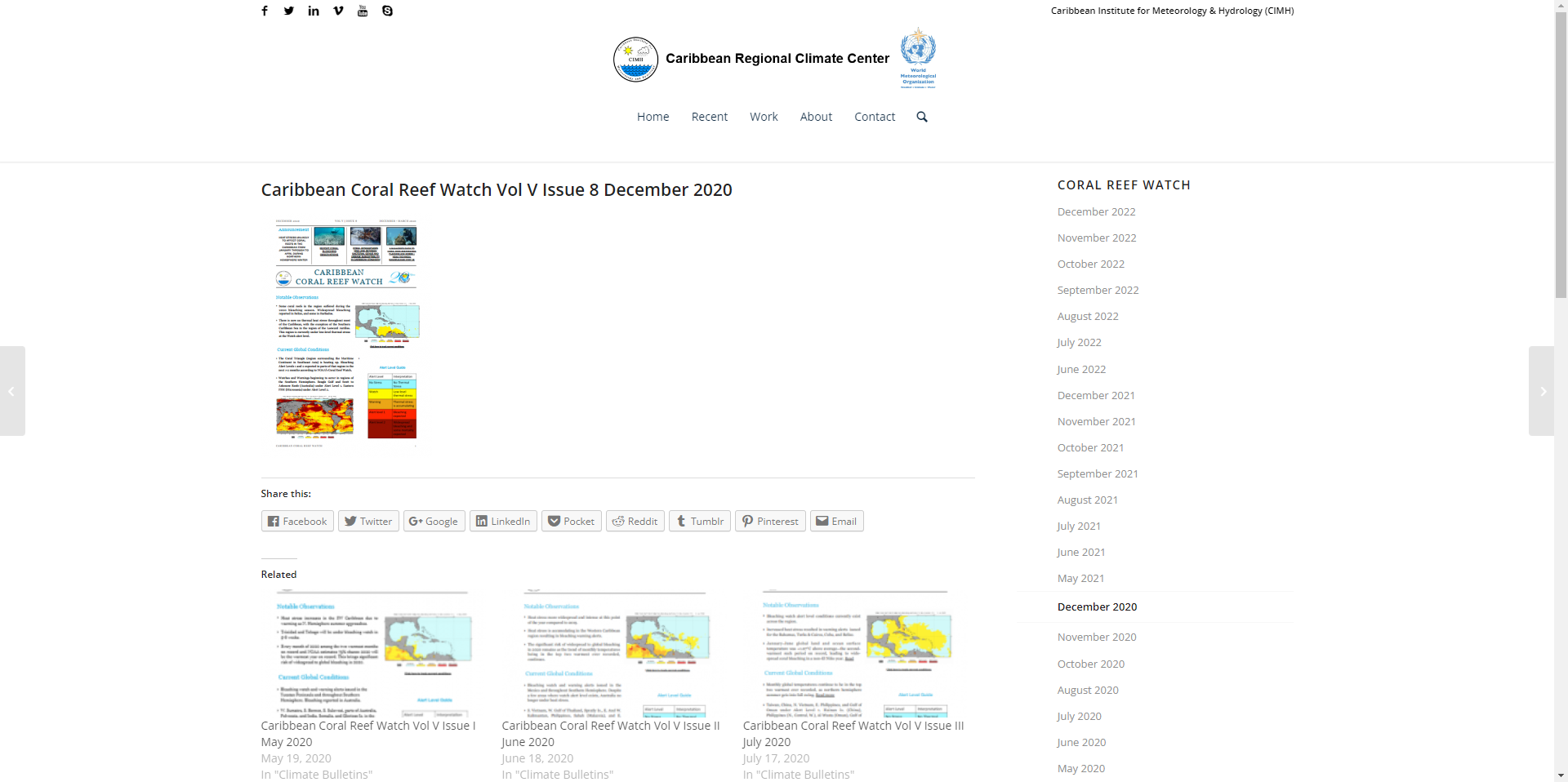 Screenshot of Caribbean Coral Reef Watch bulletin page.